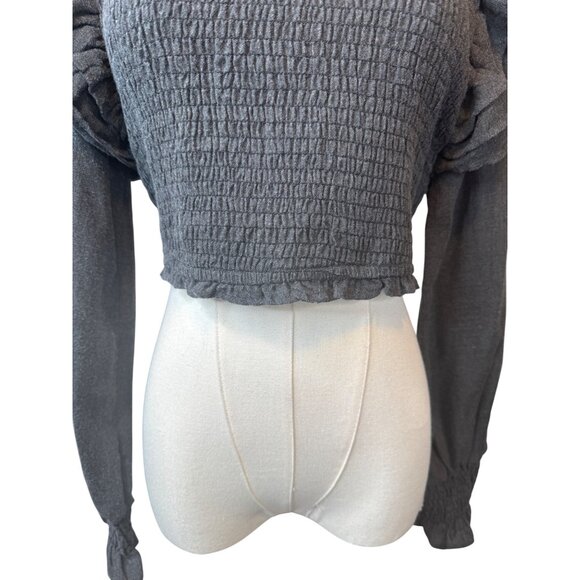 2/$30 Zara Gray Smocked Top Small, Ruffle Sleeves, Polyester Cotton Blend - Picture 7 of 13